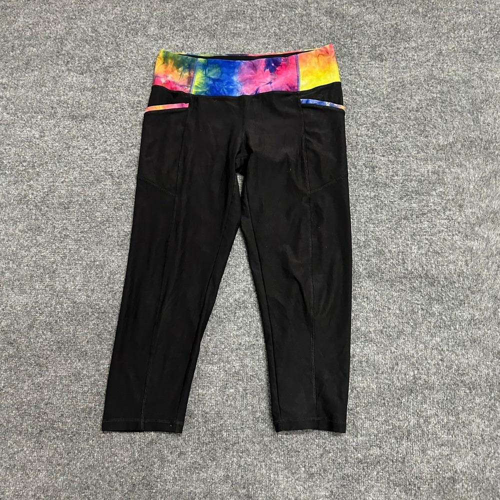 YOGO Athletica Leggings Womens Size M Black Tie Dye Waistband Crop Pockets Yoga